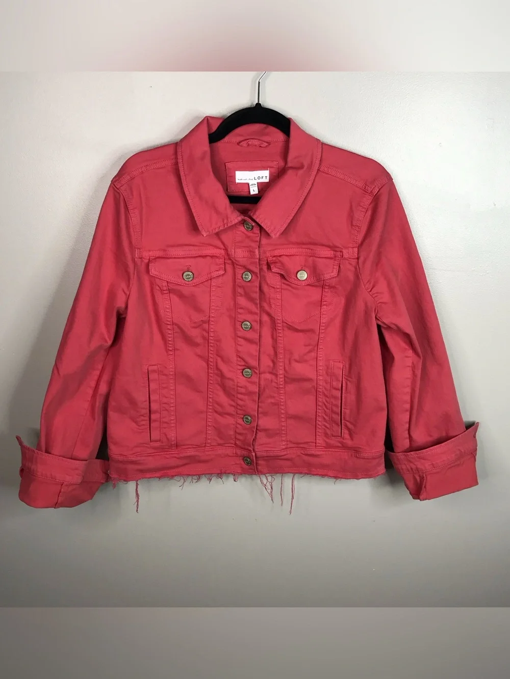 LOFT Coral-Pink Jean Jacket with Frayed Hem Sz Large